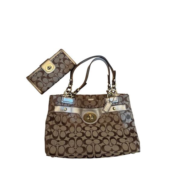 Coach Signature C Tote & Wallet Set Turnlock Gold Trim Brown Khaki Logo - Picture 1 of 16